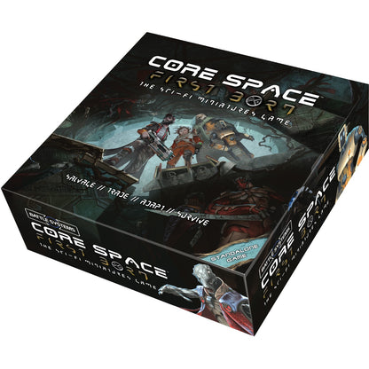 A Core Space First Born sci-fi miniatures game box. Cover shows armed humans and a robot exploring a dark, alien environment
