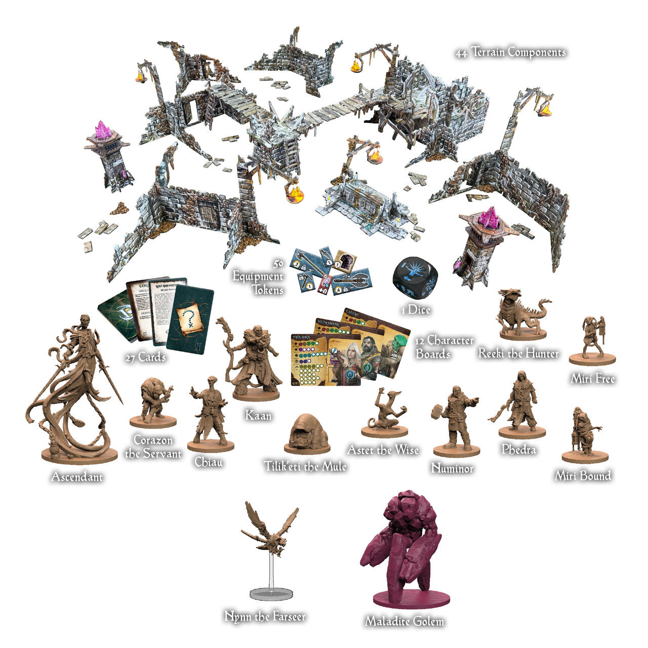A complete fantasy board game with intricate modular terrain, numerous character and monster miniatures, cards, dice, and tokens.