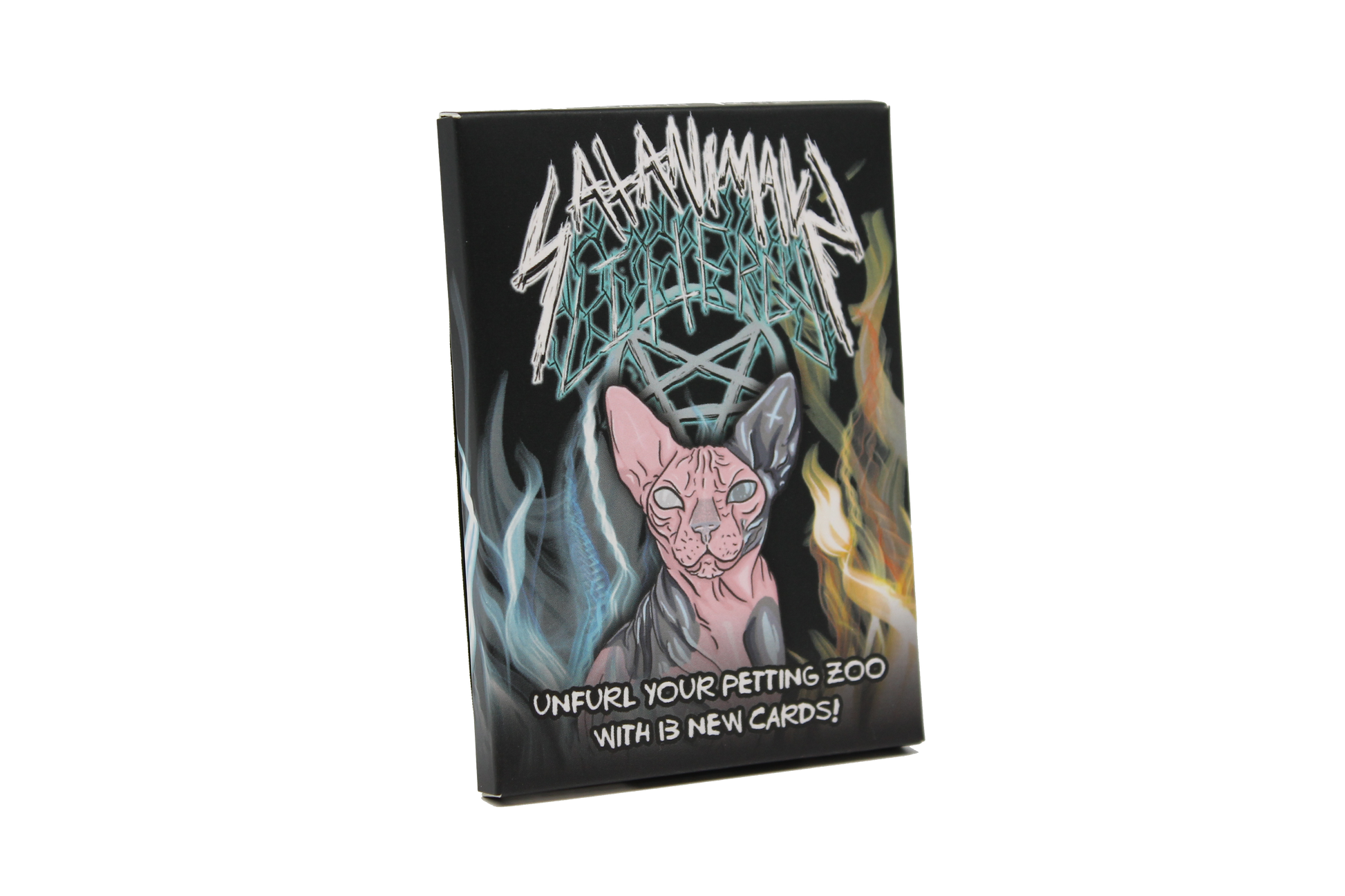 Black "Slayanimal Animal" card game expansion box features a pink Sphynx cat with blue/orange flames, states "13 new cards"