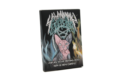 Black "Slayanimal Animal" card game expansion box features a pink Sphynx cat with blue/orange flames, states "13 new cards"