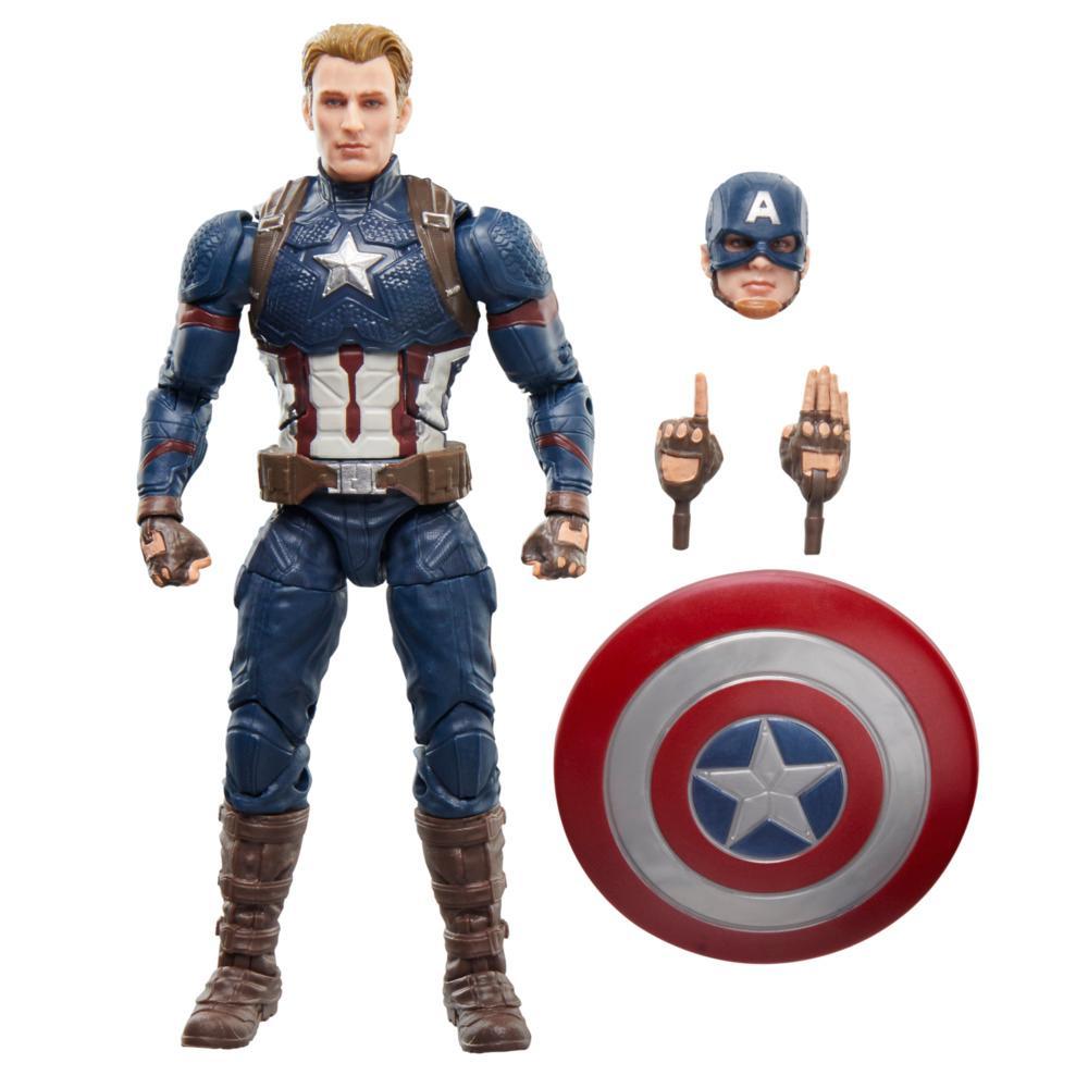 A Captain America action figure in a blue suit with a star on the chest, along with an alternate helmeted head, interchangeable hands, and a round shield