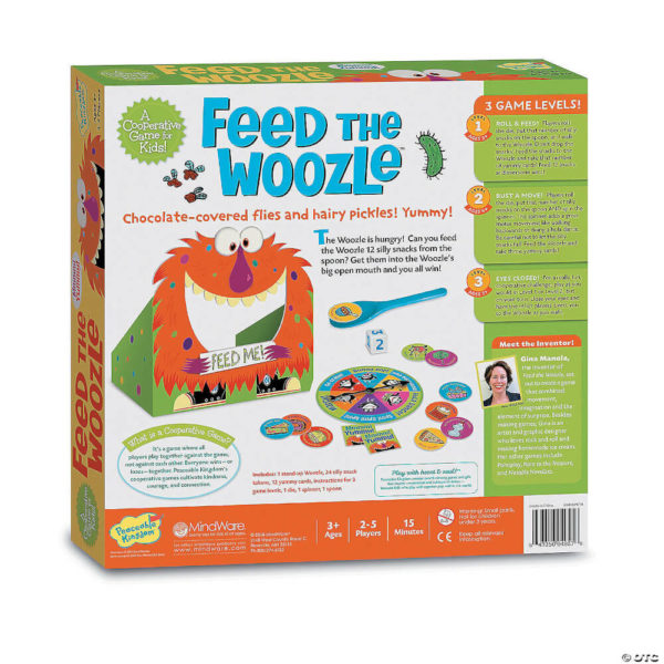 Peaceable Kingdom Feed the Woozle game box with a green monster, spoon, and snack tokens