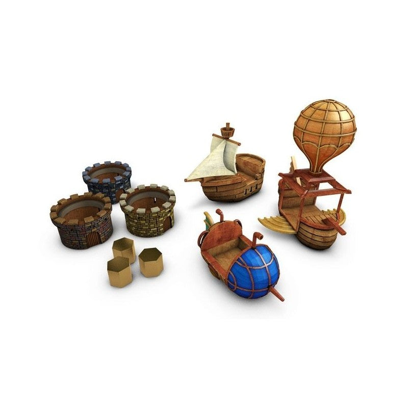 Fantasy "Feudum: Rudders & Ramparts" game models: 3 castle towers, wooden sailboat, airship, blue spherical vehicle, and three small blocks