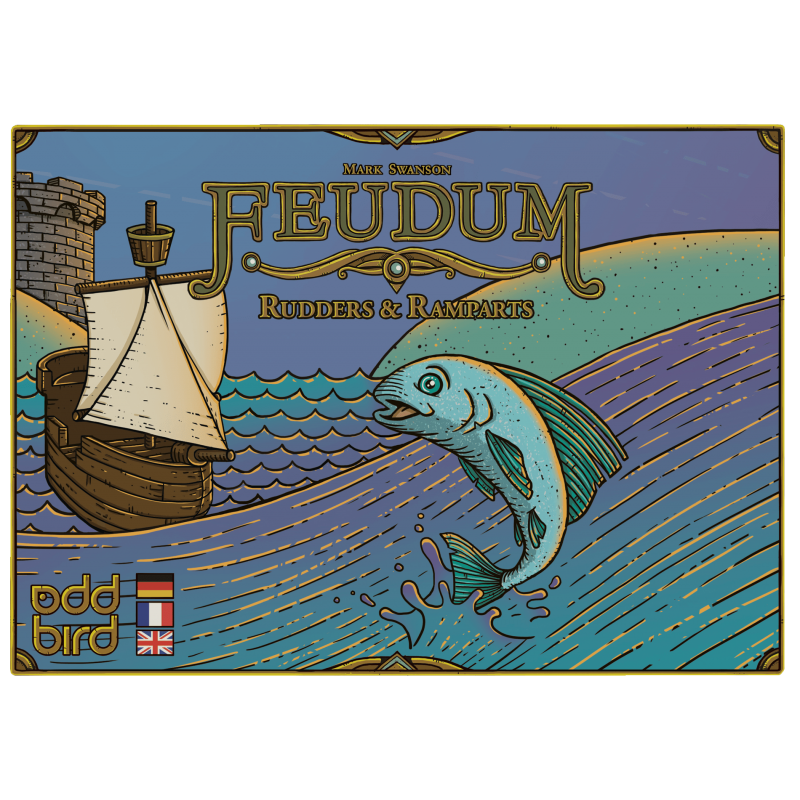 Feudum: Rudders & Ramparts cover: A fish leaps from blue waves beside a ship and castle tower