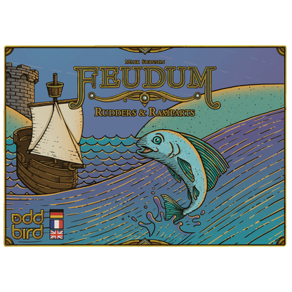 Feudum: Rudders & Ramparts cover: A fish leaps from blue waves beside a ship and castle tower