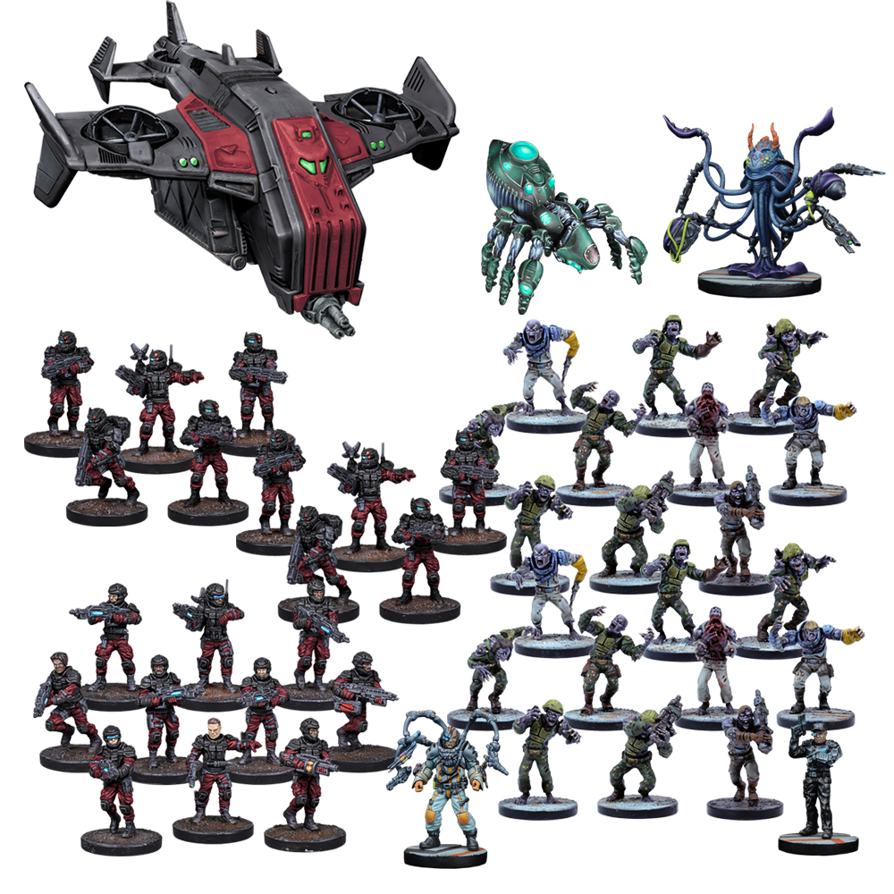 Tabletop wargame miniatures: a dropship, alien monsters, armored soldiers and zombies