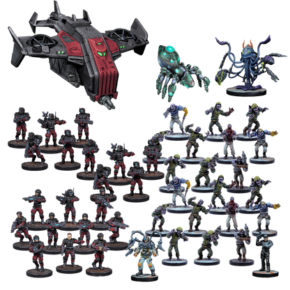 Tabletop wargame miniatures: a dropship, alien monsters, armored soldiers and zombies
