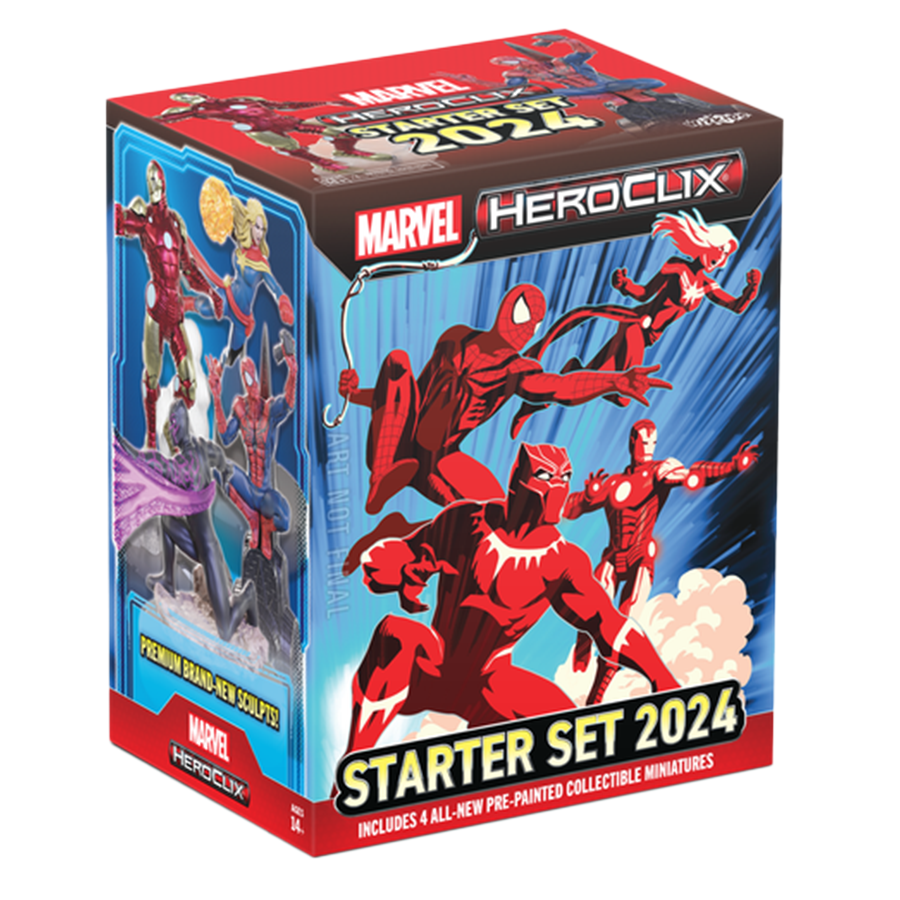 Marvel HeroClix Starter Set 2024 box, featuring dynamic art of Spider-Man, Black Panther, and Iron Man in red/white
