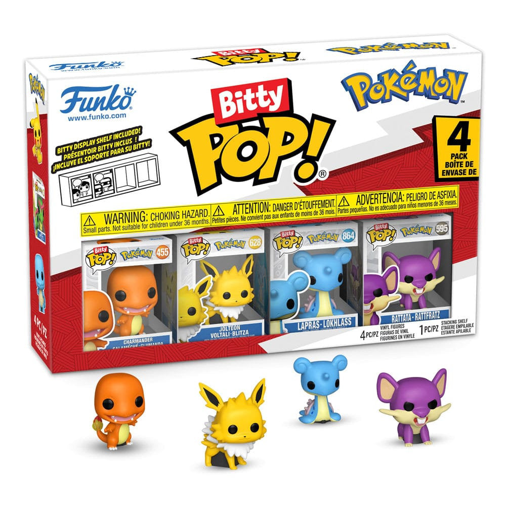 Funko Bitty Pop! Pokemon 4-pack box Includes miniature figures of Charmander, Jolteon, Lapras, and Rattata