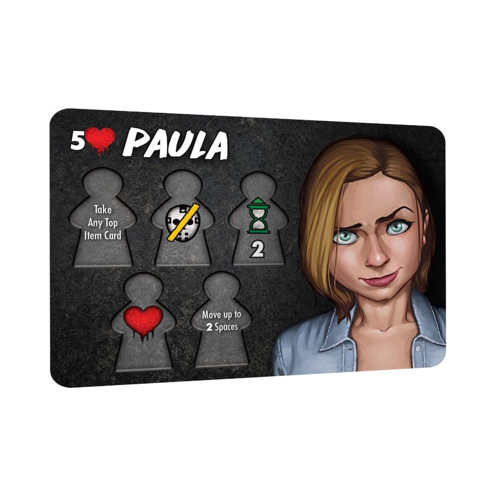 Game card for Paula: a blonde woman with a sly smirk, showing '5 â¤ï¸' and five ability icons