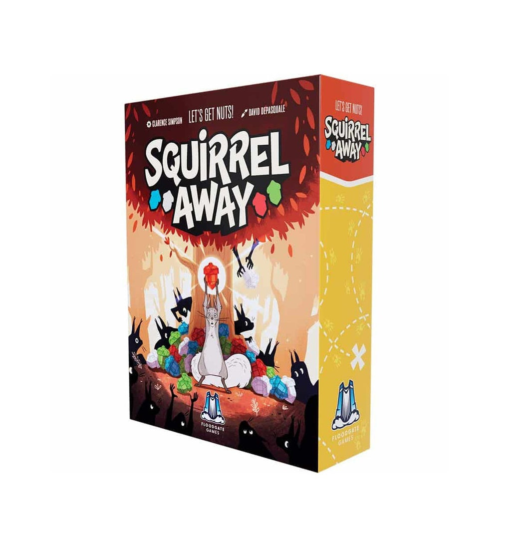 Board game box for "Squirrel Away," featuring a squirrel hoarding colourful nuts against shadowy opponents