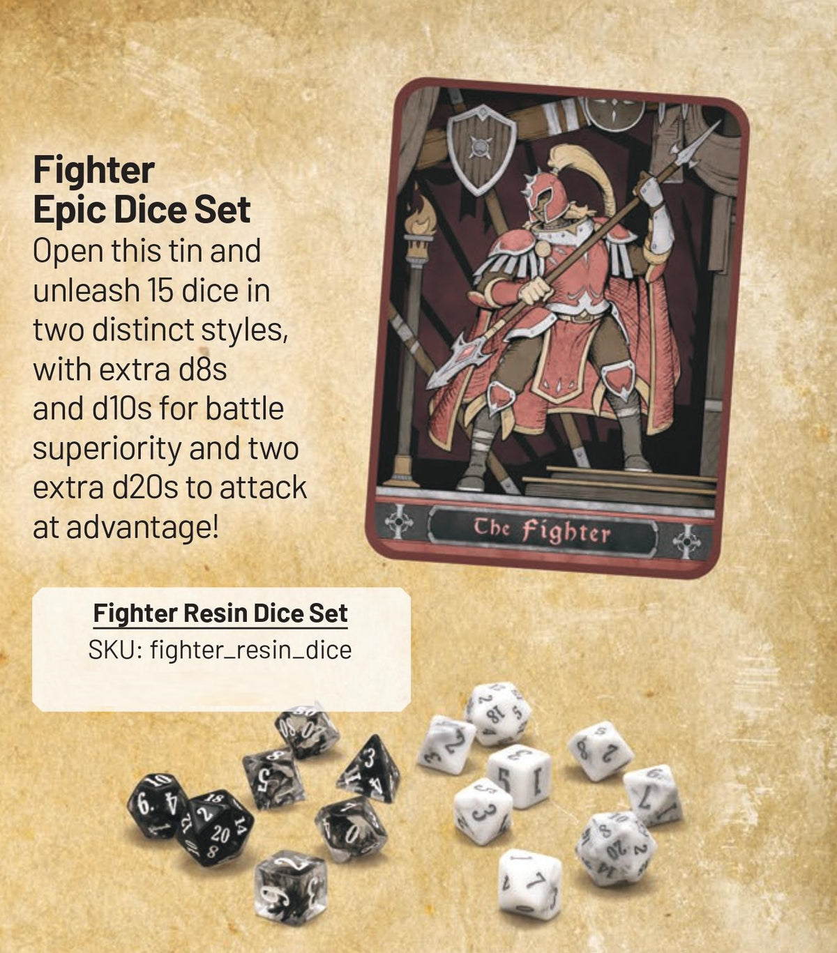Fighter Epic Dice Set. A fantasy card showing an armored fighter, with black and white polyhedral dice.