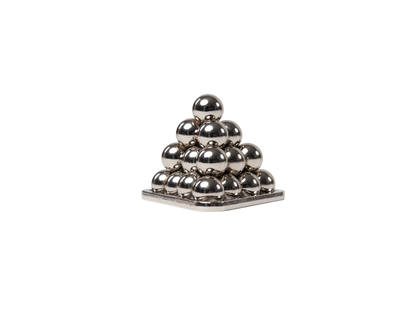 Shiny metallic spheres stacked in a small pyramid shape, resting on a flat square base against a black background