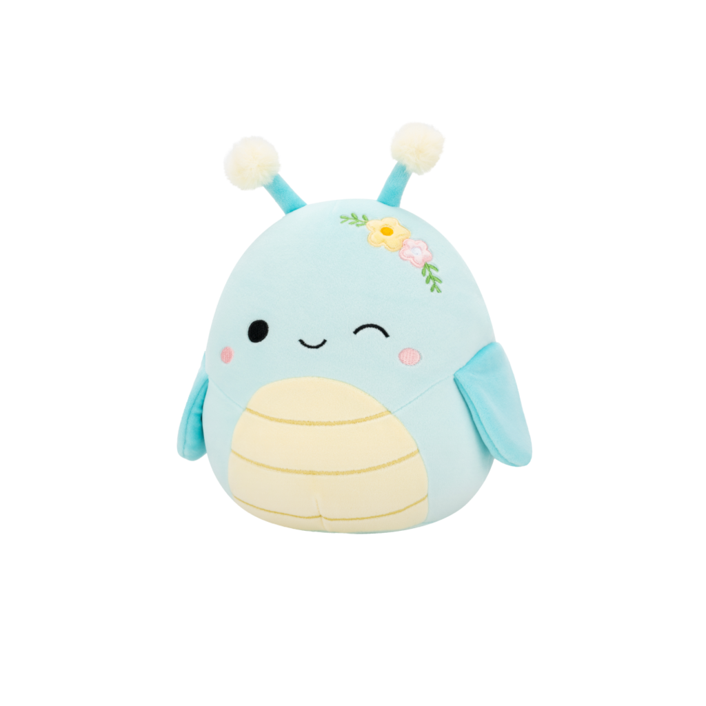 Light blue insect plush with striped belly, pom-pom antennae, and floral embroidery winking