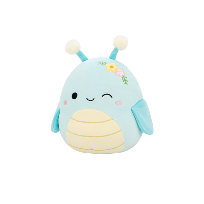 Light blue insect plush with striped belly, pom-pom antennae, and floral embroidery winking