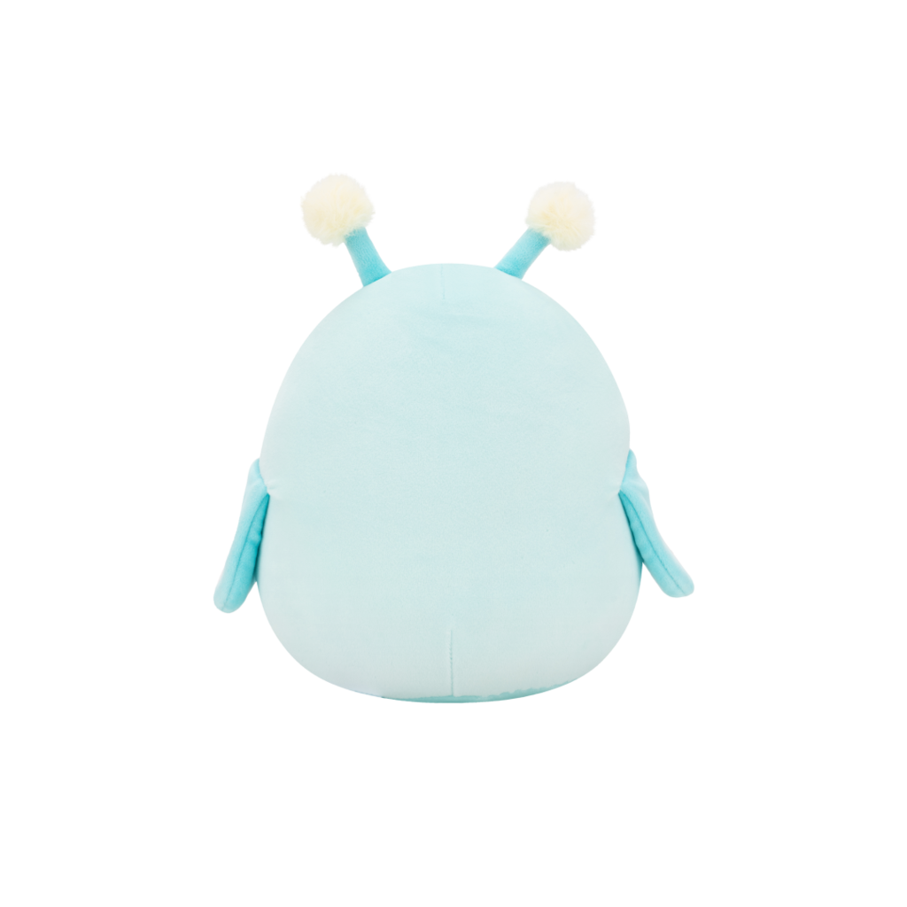 Rear view of a rounded light blue plush toy with two antennae topped by white pom-poms