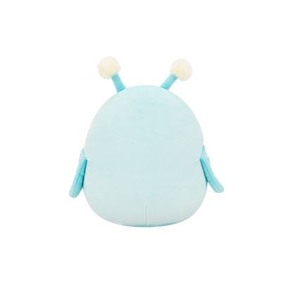 Rear view of a rounded light blue plush toy with two antennae topped by white pom-poms