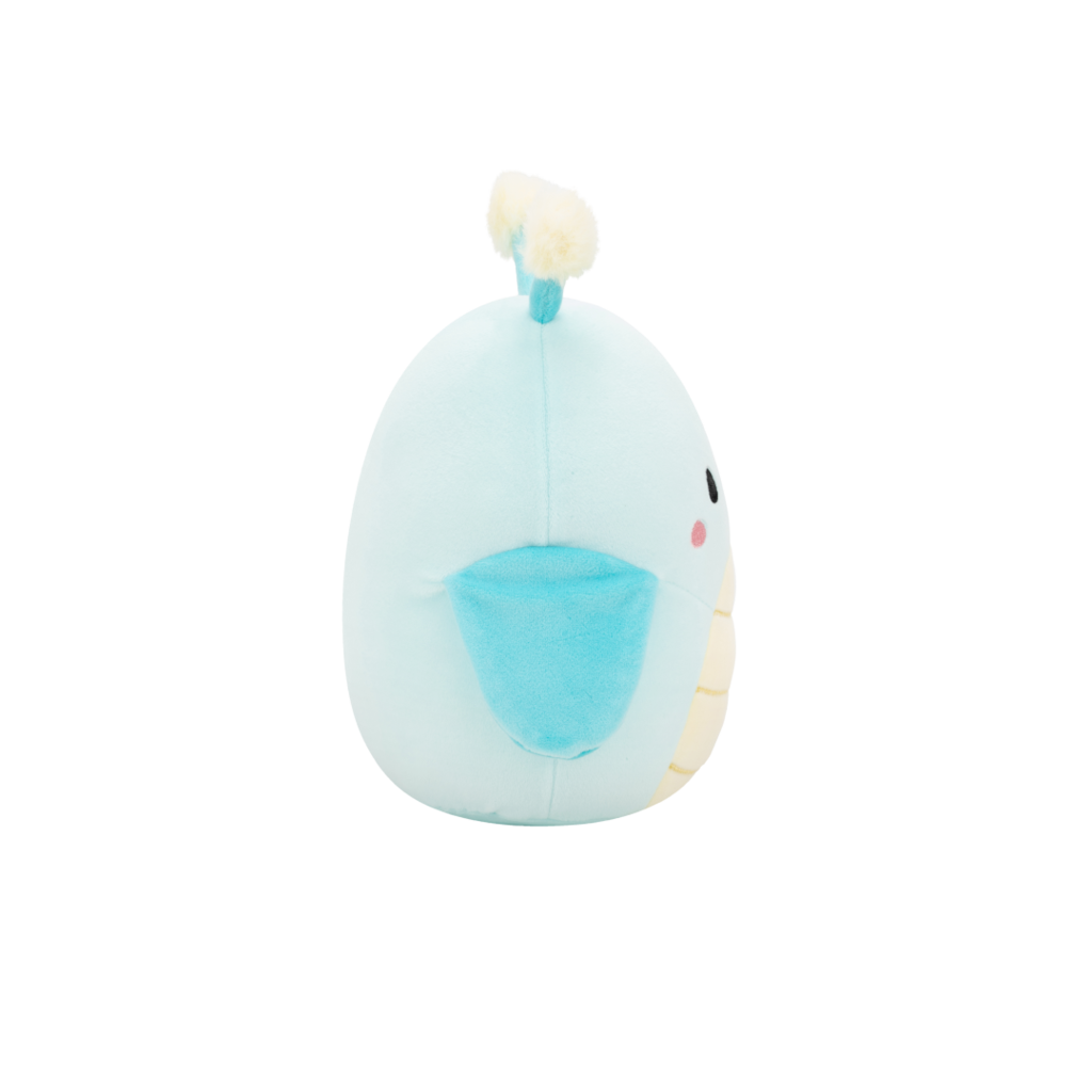 Light blue bird plush toy, side view, with a dark blue wing and white topknot