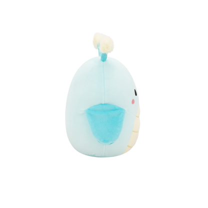 Light blue bird plush toy, side view, with a dark blue wing and white topknot
