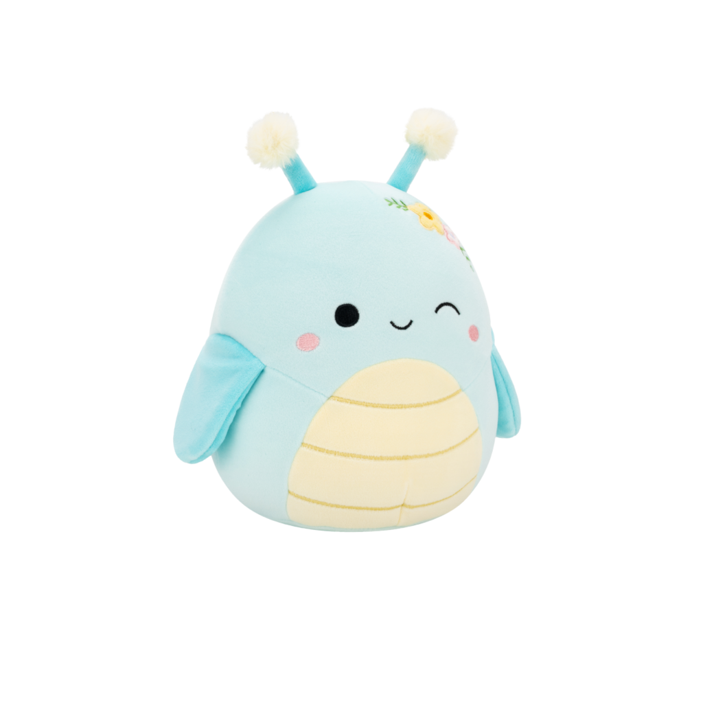 Blue insect plush with yellow striped body, pom-pom antennae, and a winking face