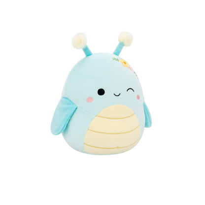 Blue insect plush with yellow striped body, pom-pom antennae, and a winking face