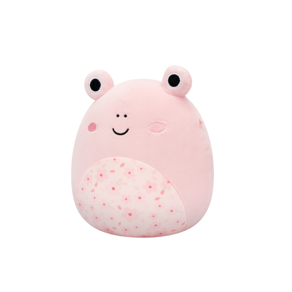 Smiling pink plush frog with black eyes and a cherry blossom patterned belly