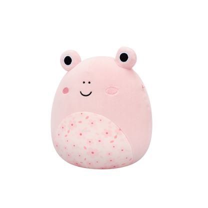 Smiling pink plush frog with black eyes and a cherry blossom patterned belly