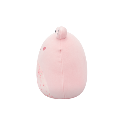 Side view of a round, soft pink plush toy with a small ear and a speckled cherry blossom pattern on its side