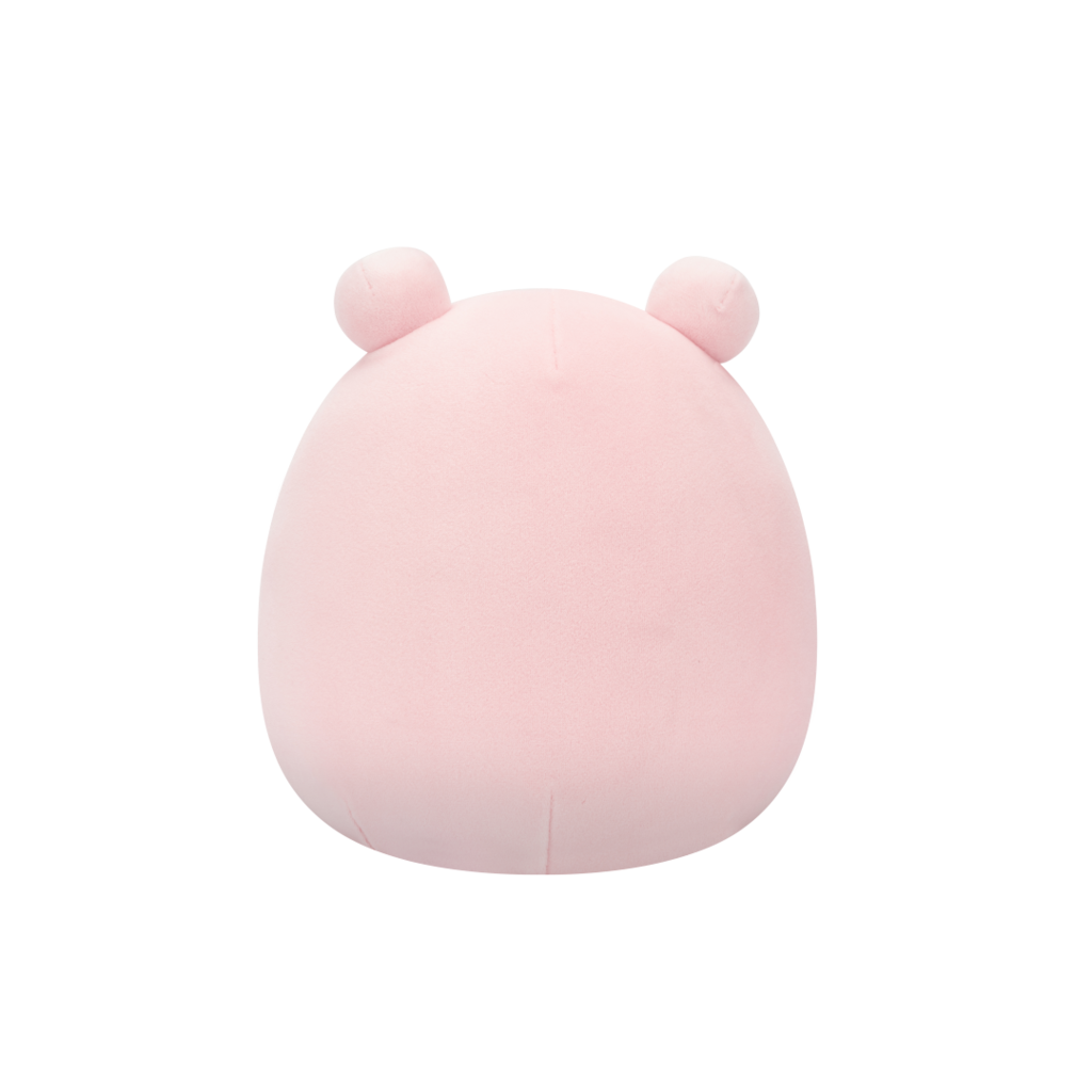 Soft pink, round plush toy with small ears displayed against a black background