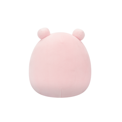 Soft pink, round plush toy with small ears displayed against a black background