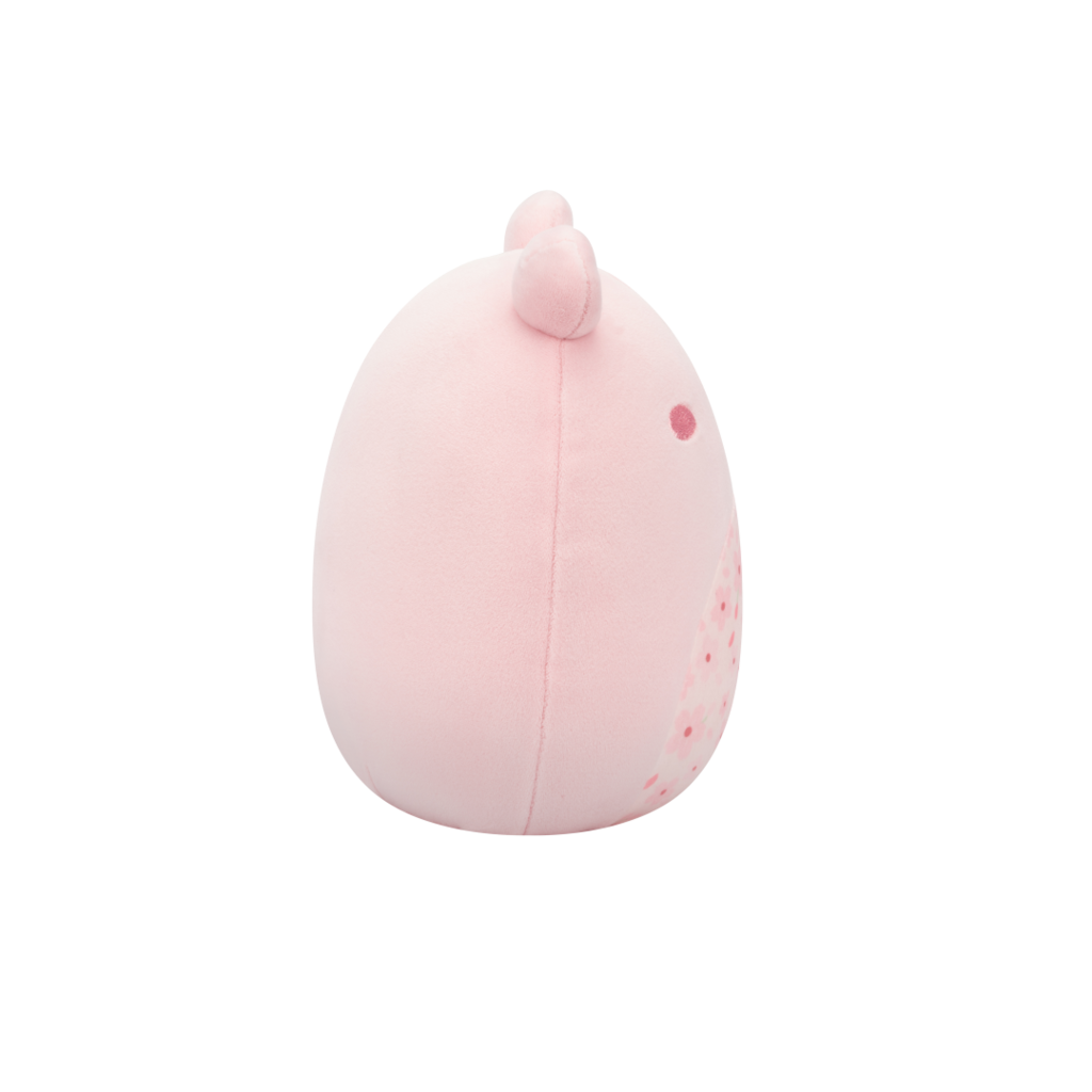 Light pink round plush toy with small ears, eye, and a cherry blossom pattern detail on the side