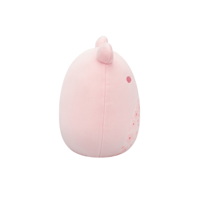 Light pink round plush toy with small ears, eye, and a cherry blossom pattern detail on the side