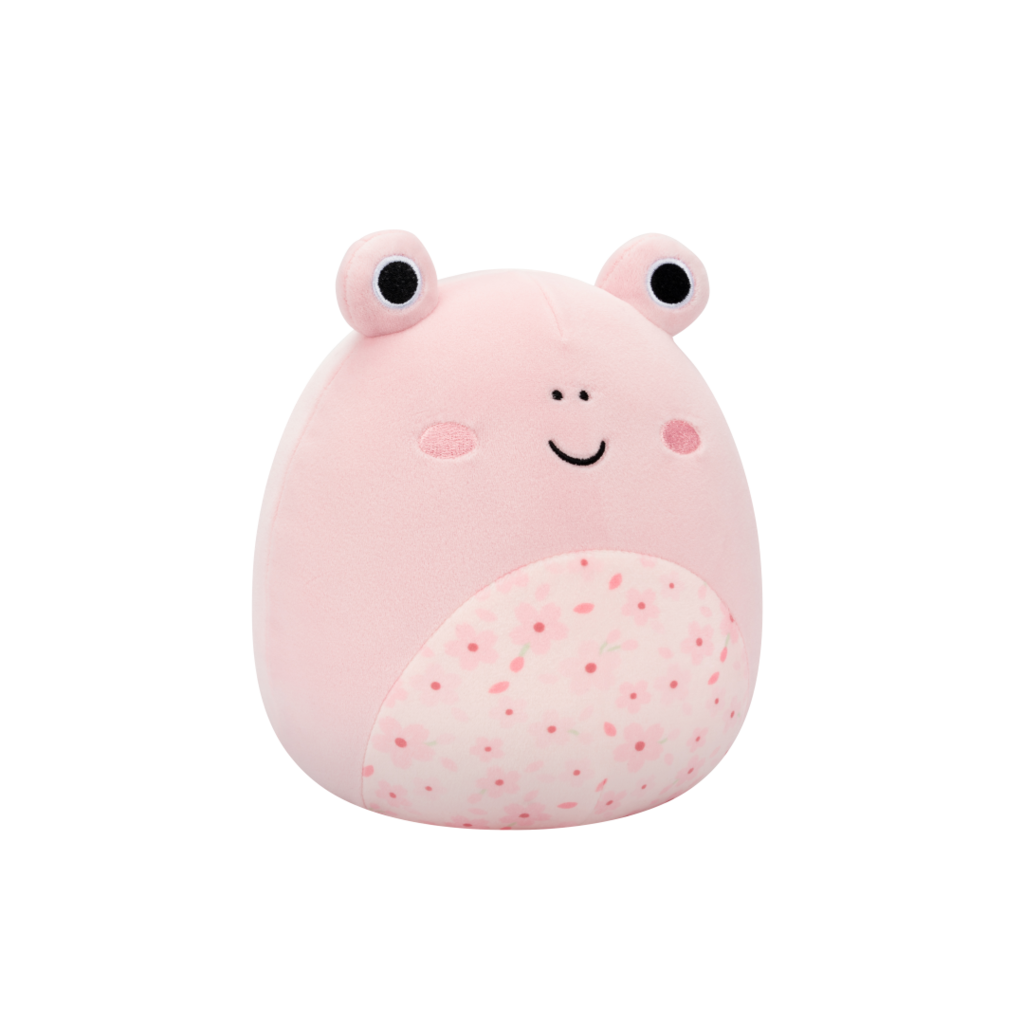 Smiling pink frog plush toy with a cherry blossom belly pattern