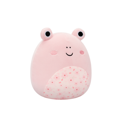 Smiling pink frog plush toy with a cherry blossom belly pattern
