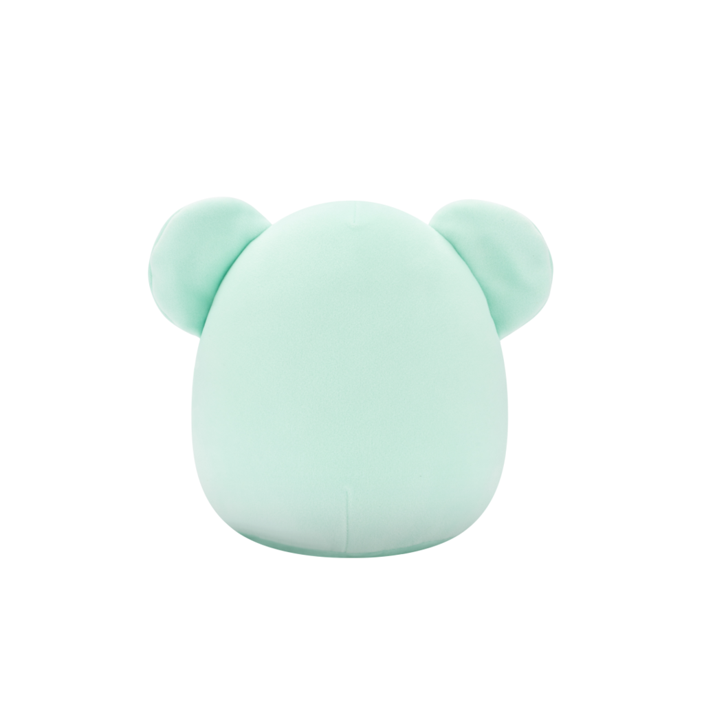 Back view of a round, mint green plush toy with large ears on a black background