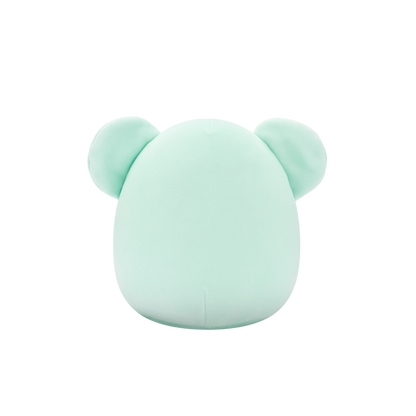 Back view of a round, mint green plush toy with large ears on a black background