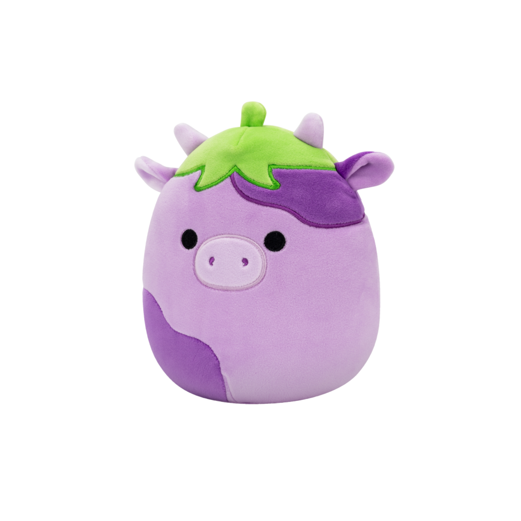 Purple cow plush toy with darker spots and a green stem cap