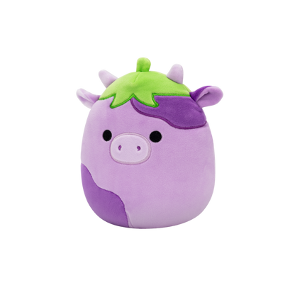 Purple cow plush toy with darker spots and a green stem cap