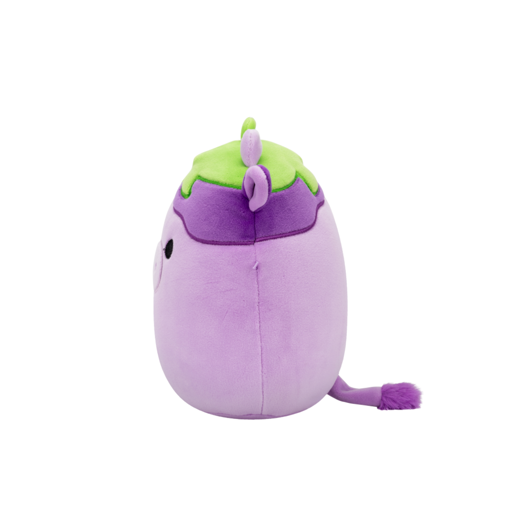 Lavender plush toy with green and dark purple accents, small horns, and a tail, viewed in profile