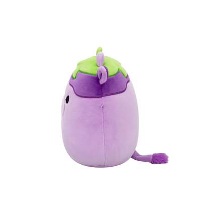 Lavender plush toy with green and dark purple accents, small horns, and a tail, viewed in profile
