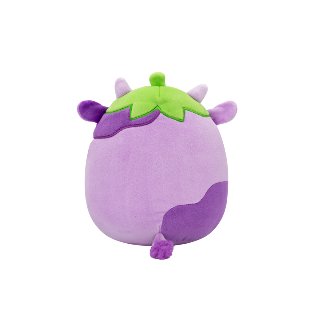 Purple eggplant-themed plush cow with green leaves and dark purple spots