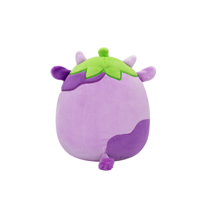 Purple eggplant-themed plush cow with green leaves and dark purple spots