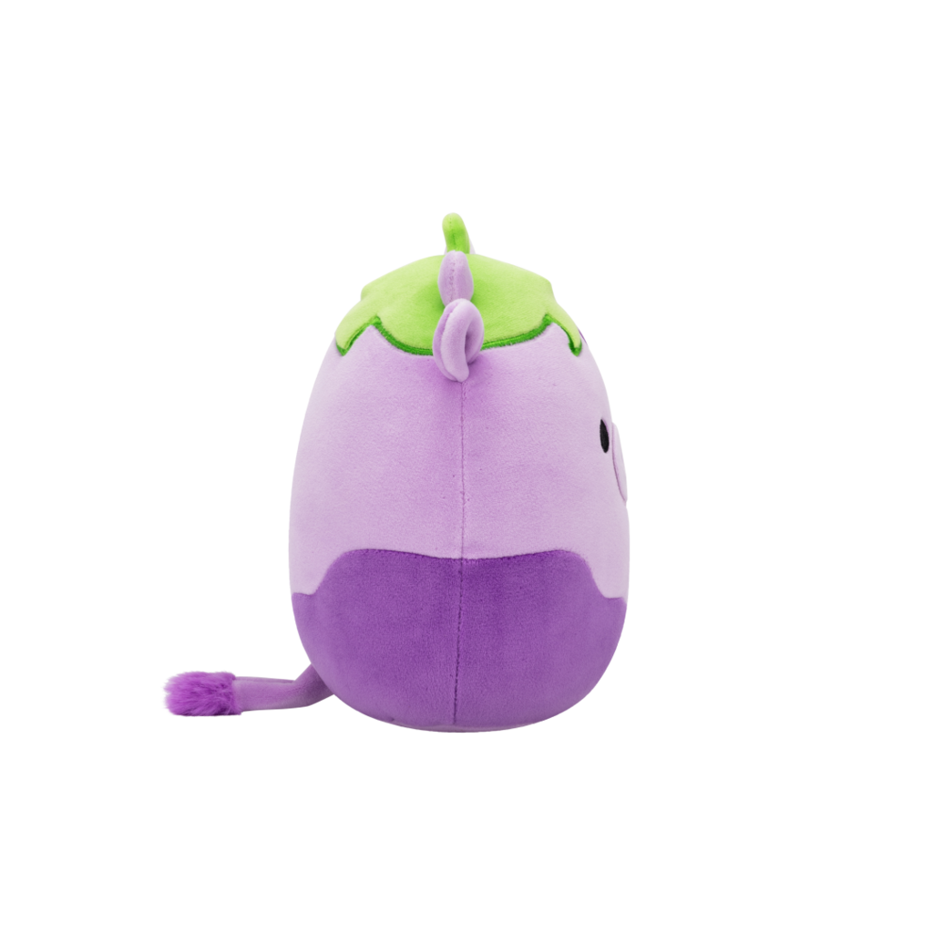 Light and dark purple plush toy with green leaves, a curved spike, and a fuzzy tail, seen in profile