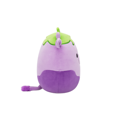 Light and dark purple plush toy with green leaves, a curved spike, and a fuzzy tail, seen in profile