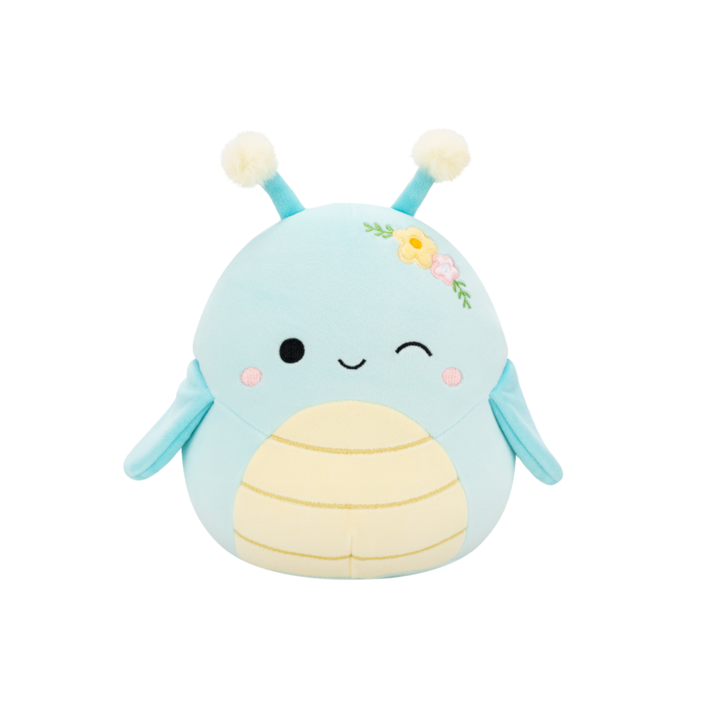 Blue bug plush toy winking, with yellow stripes, antennae, and floral embroidery