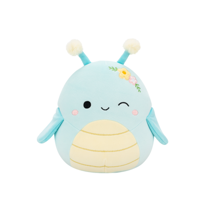 Blue bug plush toy winking, with yellow stripes, antennae, and floral embroidery