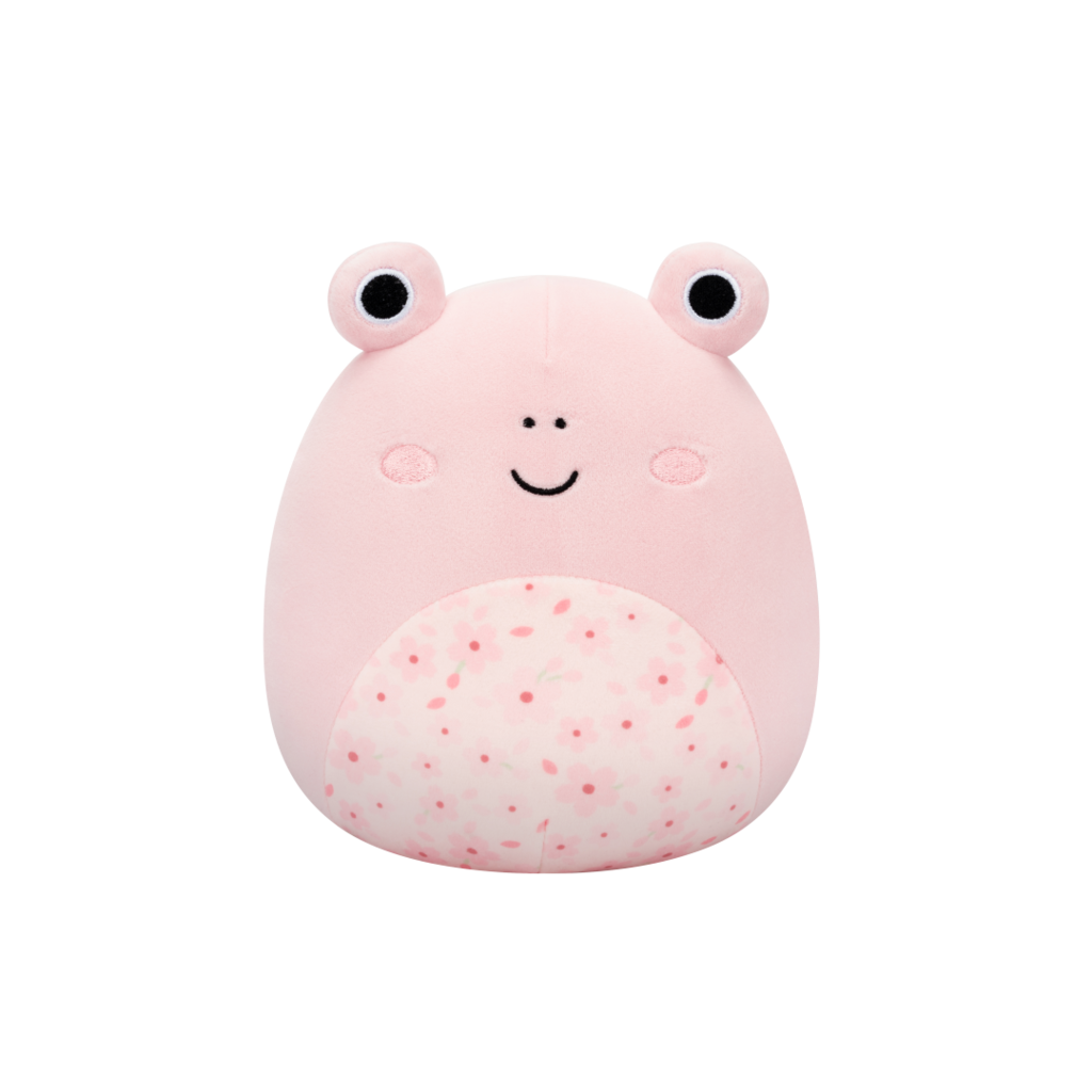 Pink Squishmallow frog plush with a cherry blossom patterned belly, smiling on a black background