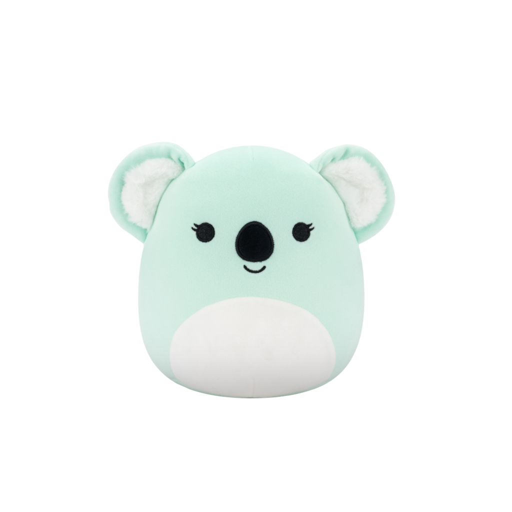 Mint green koala plush toy with white belly and furry ears, isolated on black