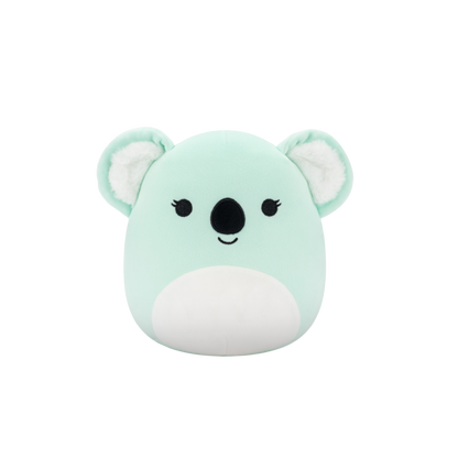 Mint green koala plush toy with white belly and furry ears, isolated on black