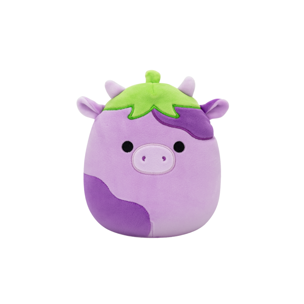 Purple cow plush toy with dark spots and a green cap, resembling an eggplant
